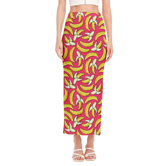 Pink Cartoon Banana Pattern Print Side Slit Maxi Skirt