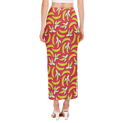 Pink Cartoon Banana Pattern Print Side Slit Maxi Skirt