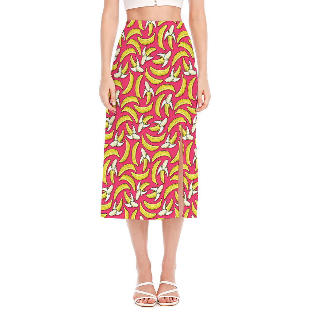 Pink Cartoon Banana Pattern Print Side Slit Midi Skirt