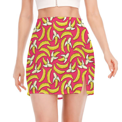 Pink Cartoon Banana Pattern Print Side Slit Mini Skirt