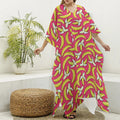 Pink Cartoon Banana Pattern Print Silk V-Neck Kaftan Dress