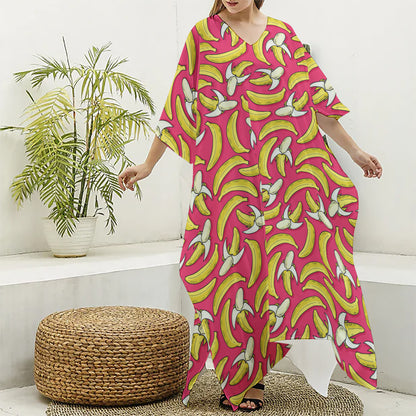 Pink Cartoon Banana Pattern Print Silk V-Neck Kaftan Dress