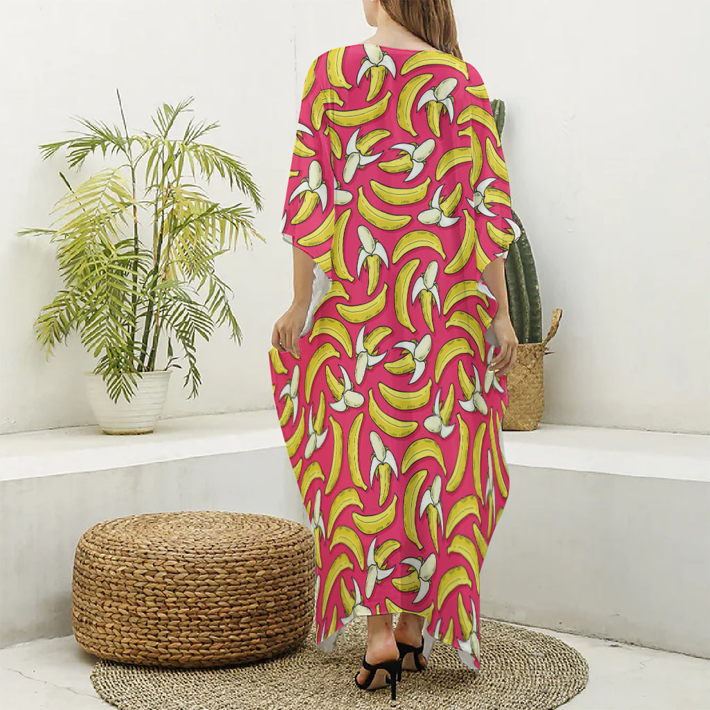 Pink Cartoon Banana Pattern Print Silk V-Neck Kaftan Dress