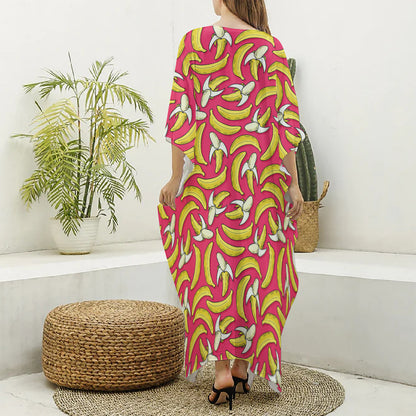 Pink Cartoon Banana Pattern Print Silk V-Neck Kaftan Dress
