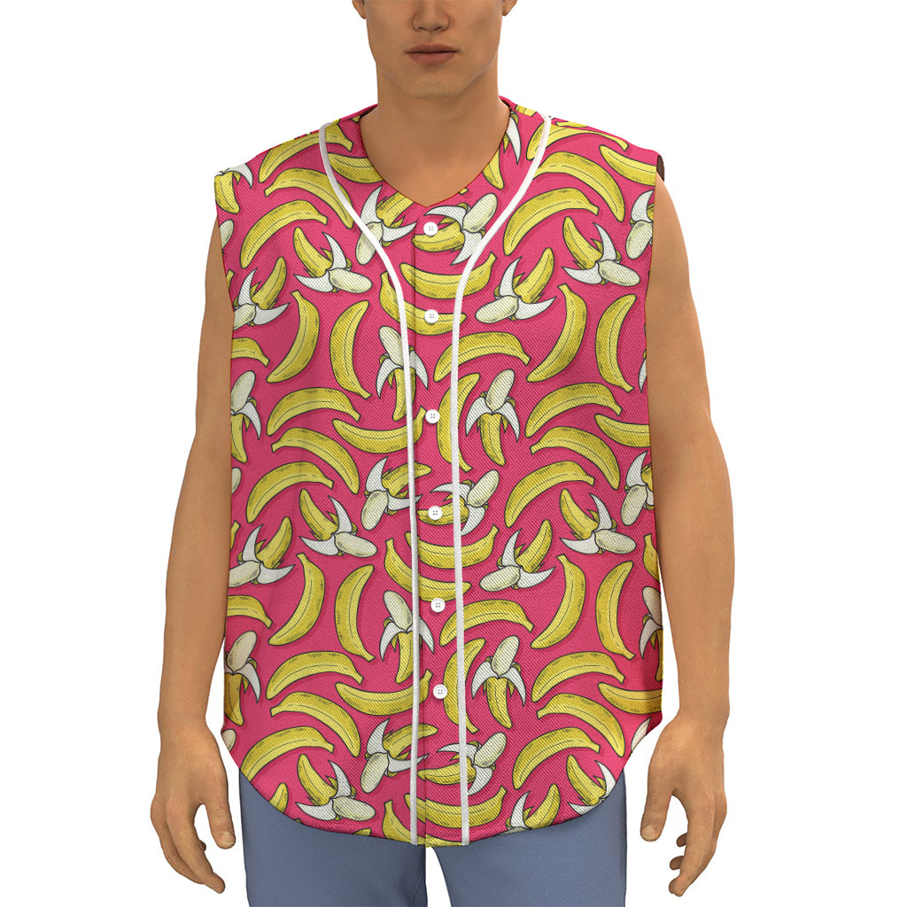 Pink Cartoon Banana Pattern Print Sleeveless Baseball Jersey