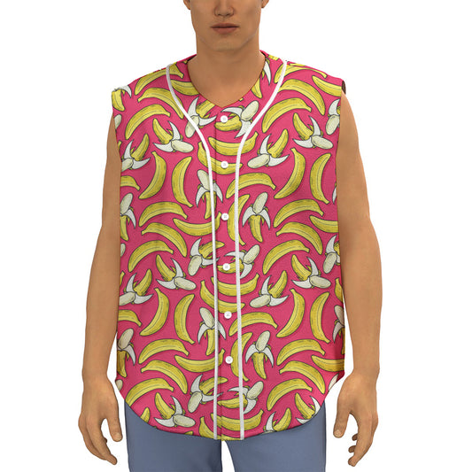 Pink Cartoon Banana Pattern Print Sleeveless Baseball Jersey