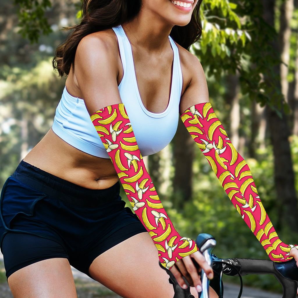 Pink Cartoon Banana Pattern Print Sun Protection Arm Sleeves