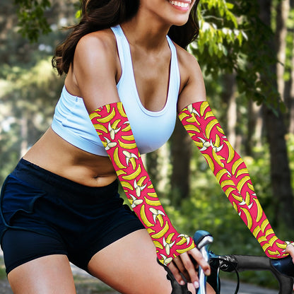 Pink Cartoon Banana Pattern Print Sun Protection Arm Sleeves