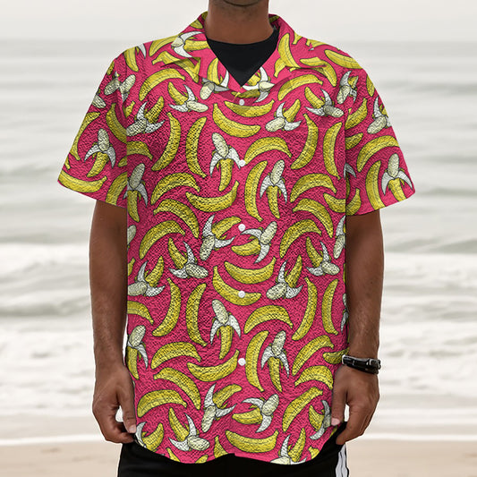 Pink Cartoon Banana Pattern Print Textured Short Sleeve Shirt