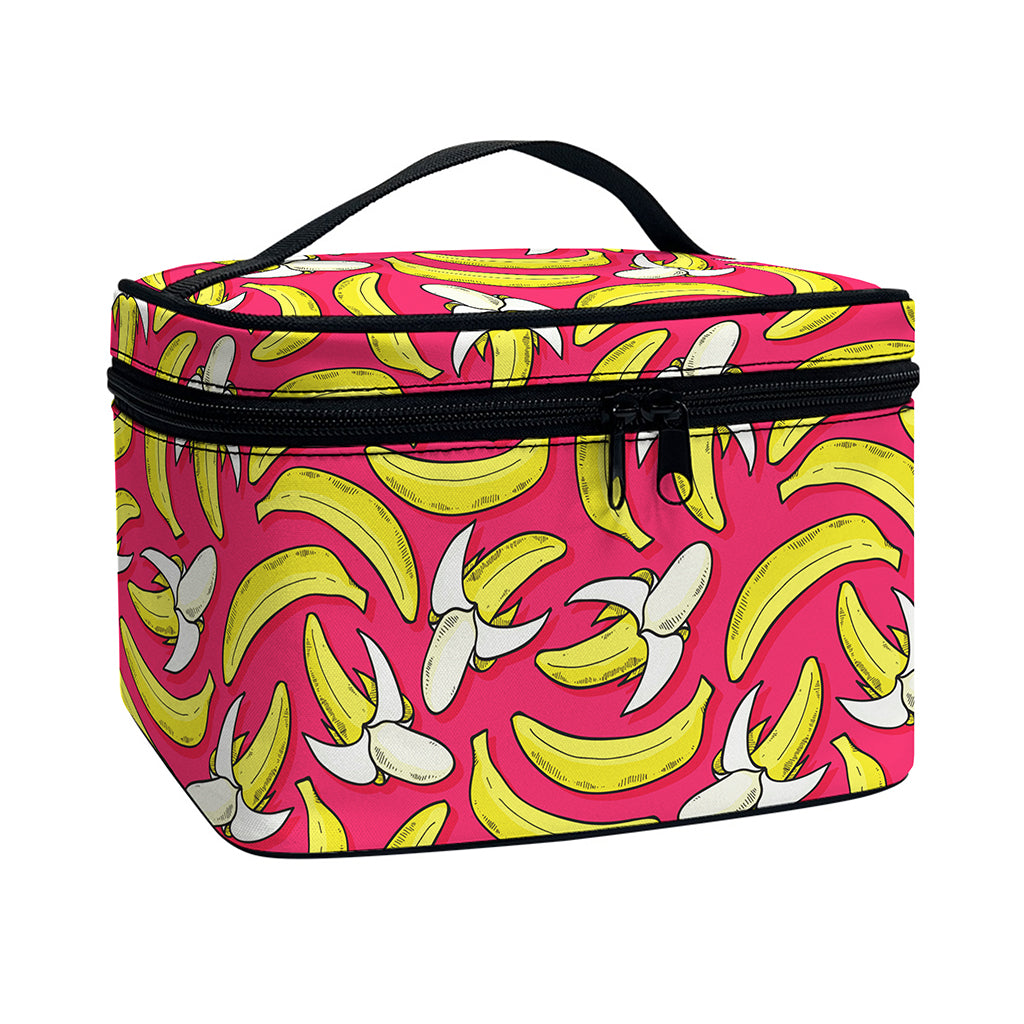 Pink Cartoon Banana Pattern Print Travel Makeup Bag
