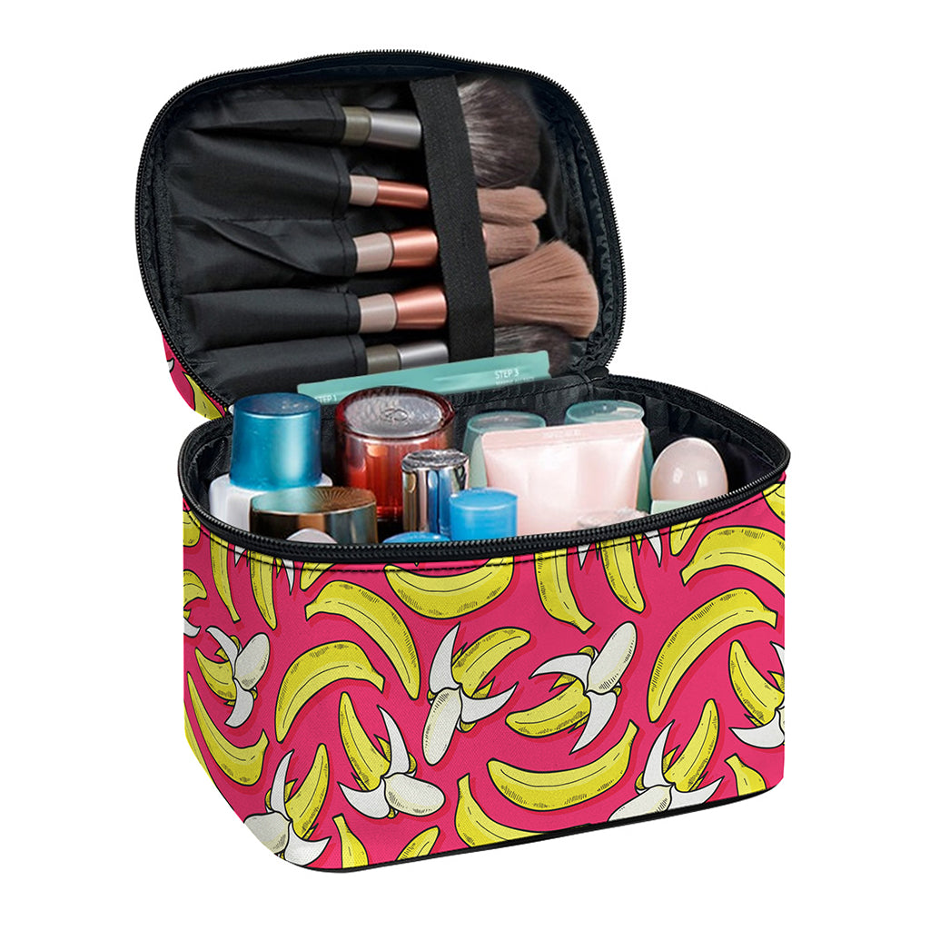 Pink Cartoon Banana Pattern Print Travel Makeup Bag