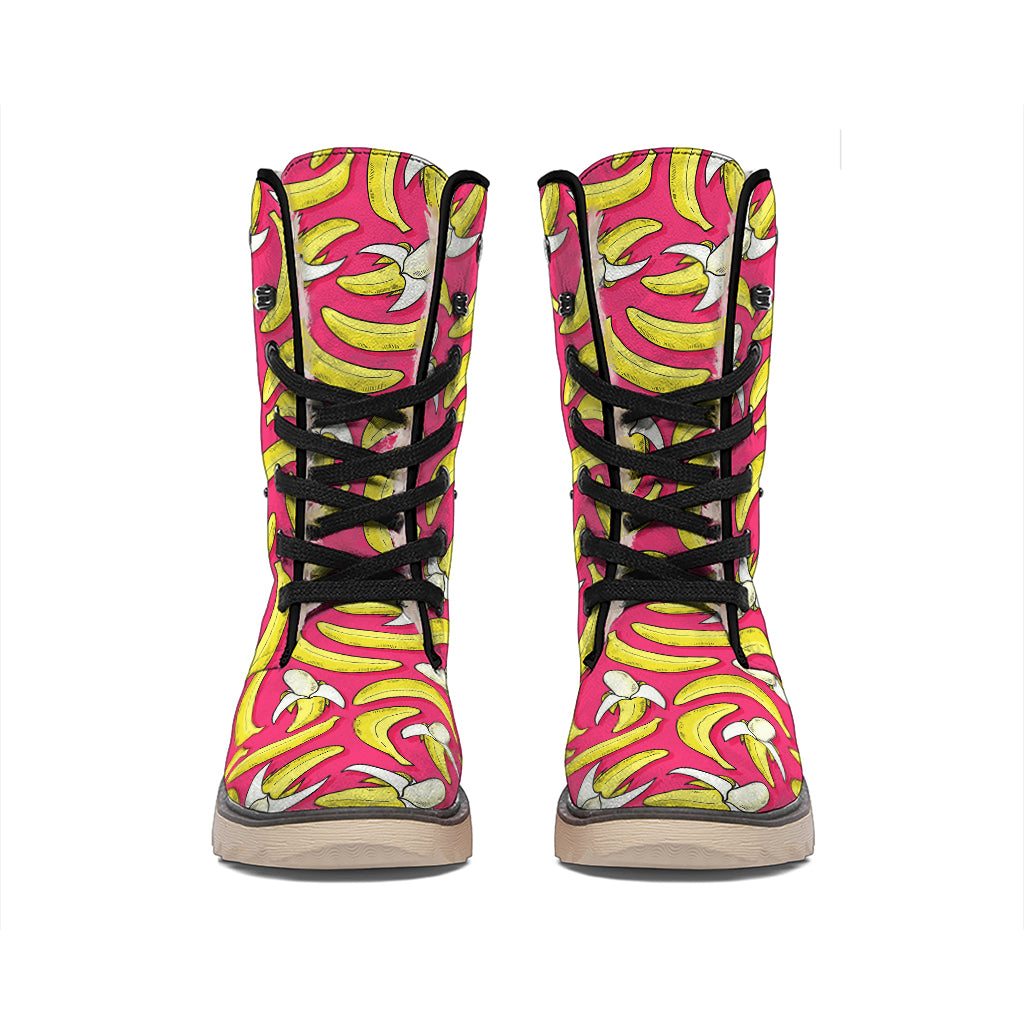 Pink Cartoon Banana Pattern Print Winter Boots