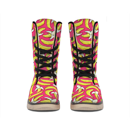Pink Cartoon Banana Pattern Print Winter Boots