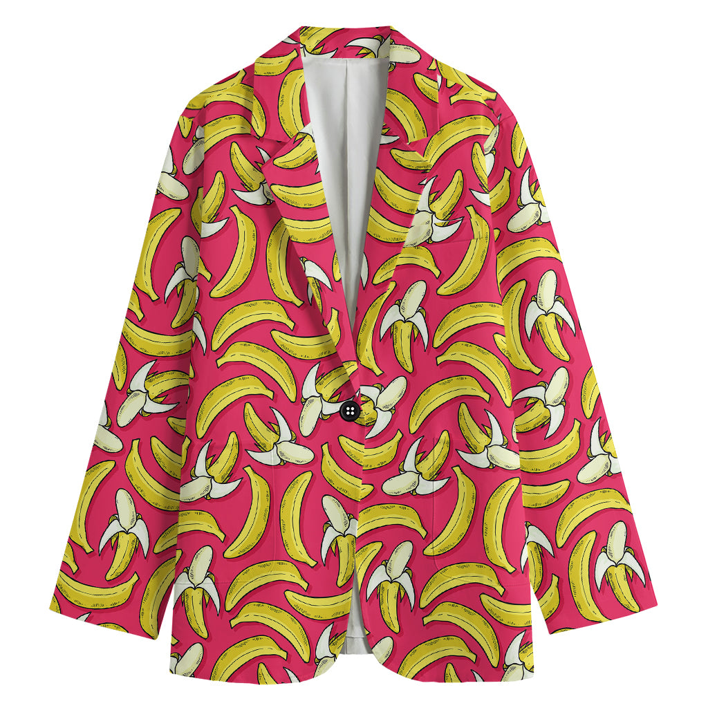 Pink Cartoon Banana Pattern Print Women's Cotton Blazer