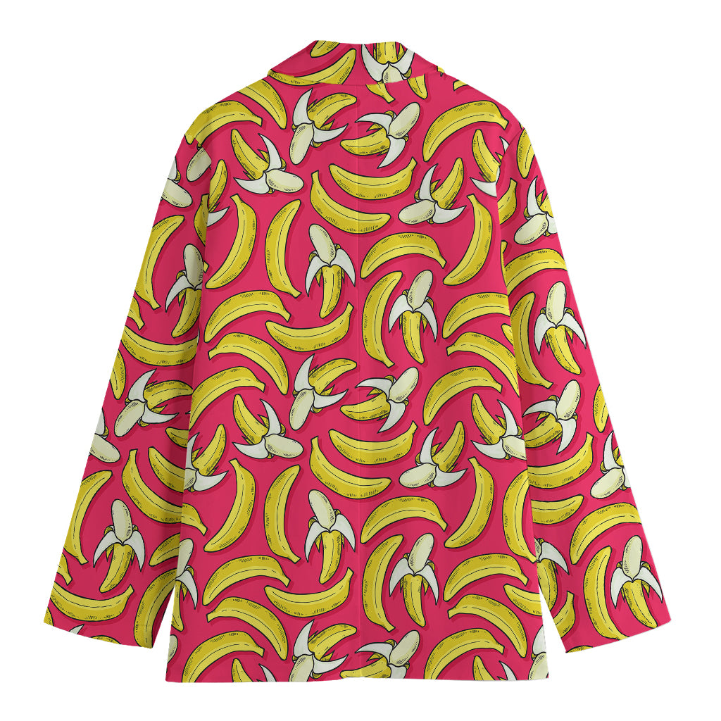 Pink Cartoon Banana Pattern Print Women's Cotton Blazer
