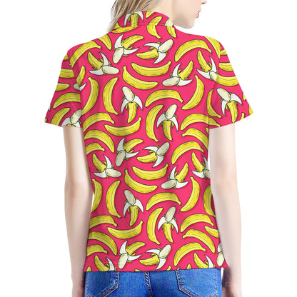 Pink Cartoon Banana Pattern Print Women's Polo Shirt