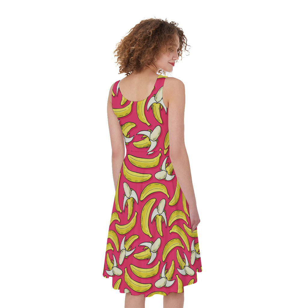 Pink Cartoon Banana Pattern Print Women's Sleeveless Dress