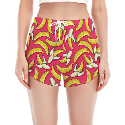 Pink Cartoon Banana Pattern Print Women's Split Running Shorts
