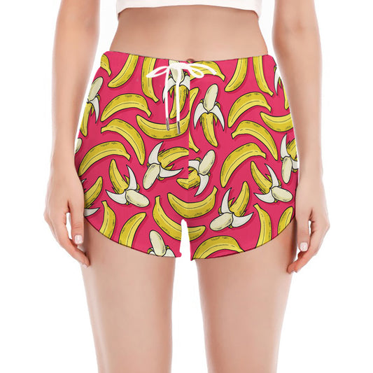 Pink Cartoon Banana Pattern Print Women's Split Running Shorts