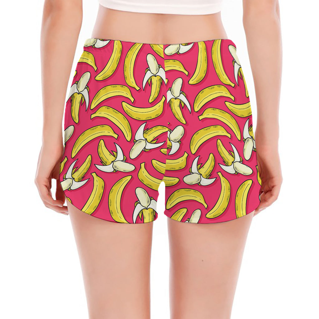 Pink Cartoon Banana Pattern Print Women's Split Running Shorts