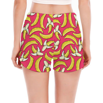 Pink Cartoon Banana Pattern Print Women's Split Running Shorts