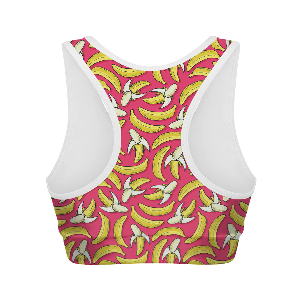 Pink Cartoon Banana Pattern Print Women's Sports Bra