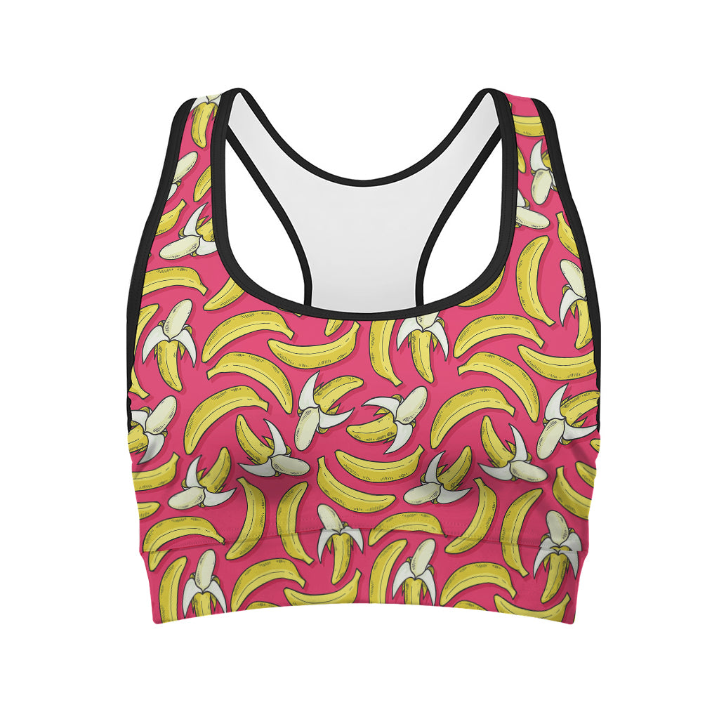 Pink Cartoon Banana Pattern Print Women's Sports Bra