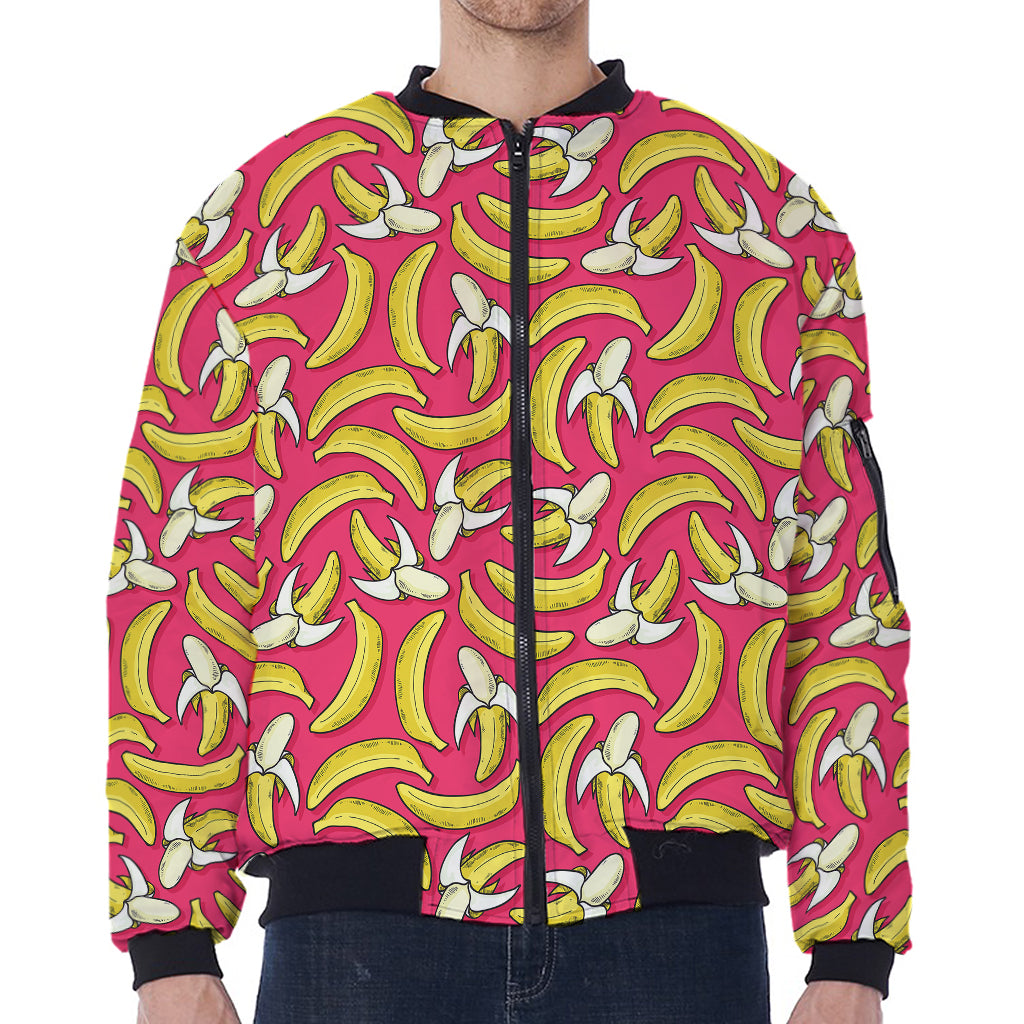 Pink Cartoon Banana Pattern Print Zip Sleeve Bomber Jacket