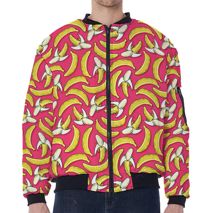 Pink Cartoon Banana Pattern Print Zip Sleeve Bomber Jacket