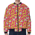 Pink Cartoon Banana Pattern Print Zip Sleeve Bomber Jacket