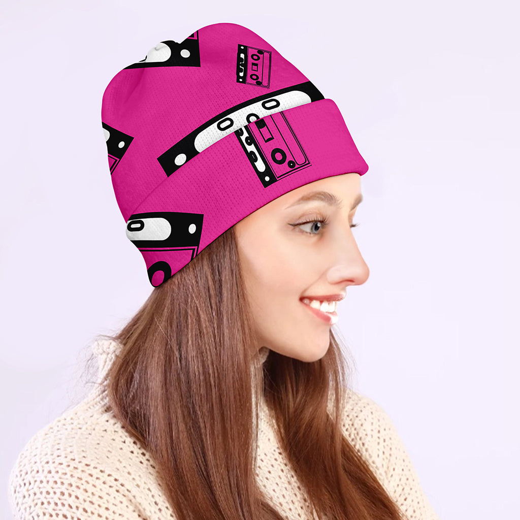 Pink Cassette Tape Pattern Print Beanie