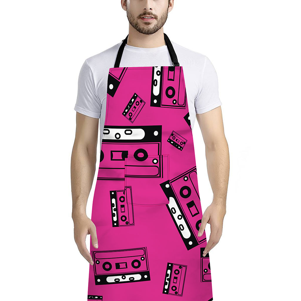 Pink Cassette Tape Pattern Print Bib Apron With Pocket