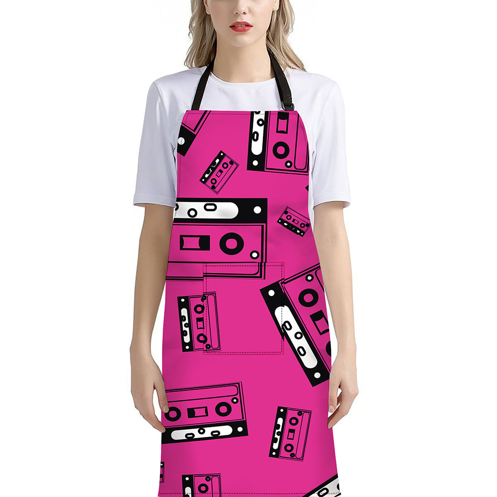 Pink Cassette Tape Pattern Print Bib Apron With Pocket