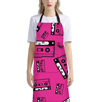 Pink Cassette Tape Pattern Print Bib Apron With Pocket