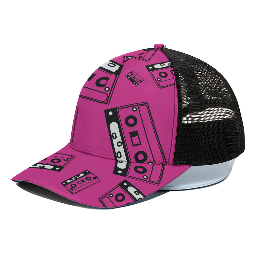 Pink Cassette Tape Pattern Print Black Mesh Trucker Cap