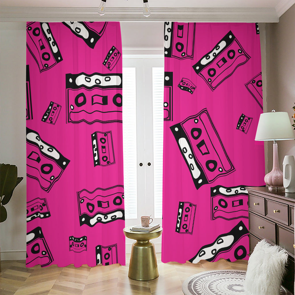 Pink Cassette Tape Pattern Print Blackout Pencil Pleat Curtains