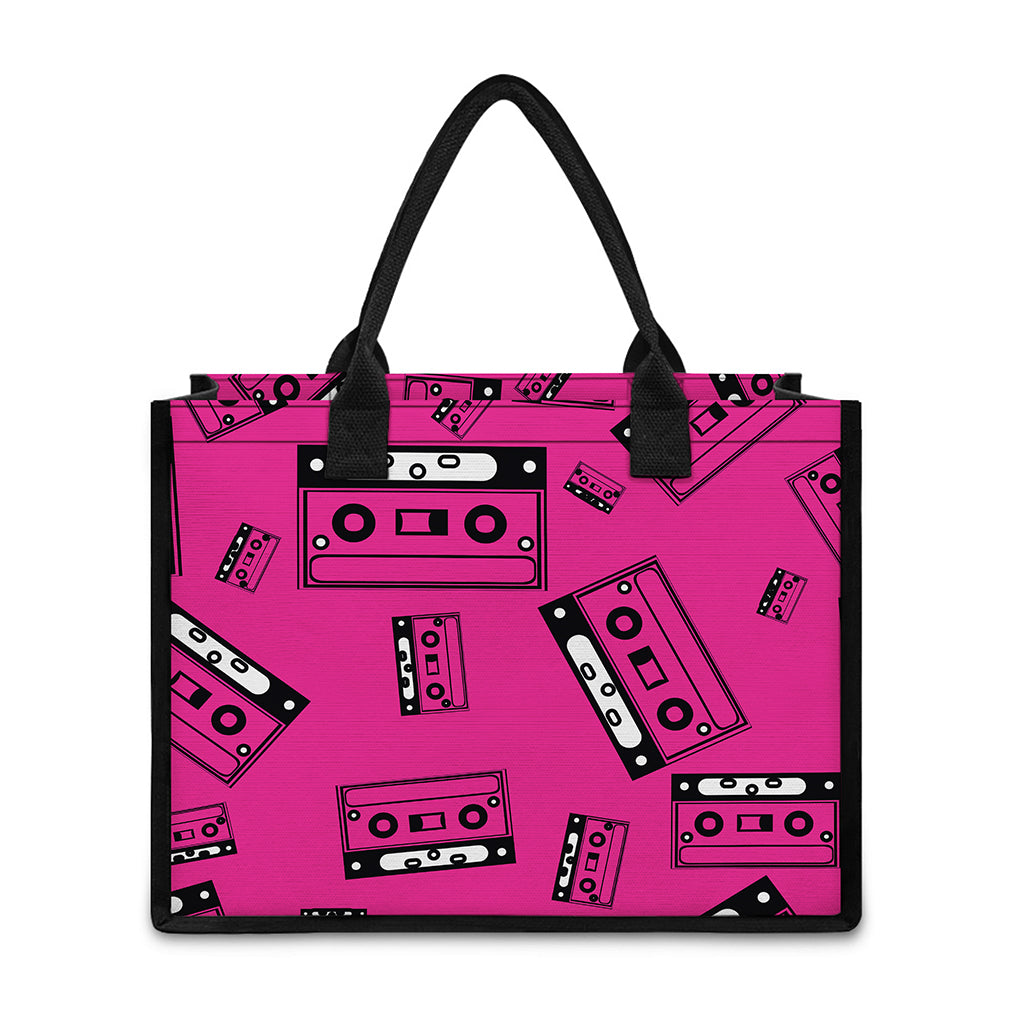 Pink Cassette Tape Pattern Print Canvas Tote Bag