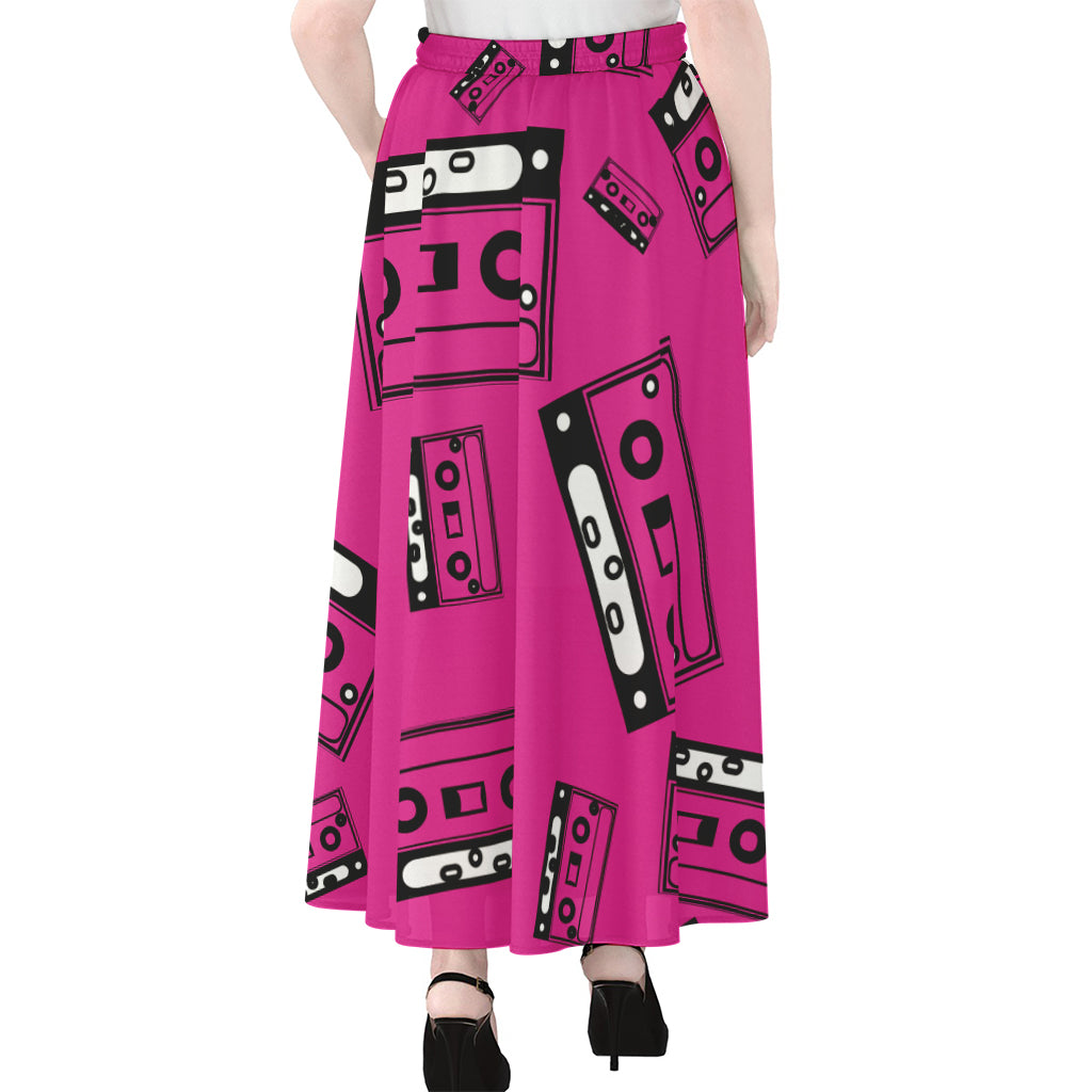 Pink Cassette Tape Pattern Print Chiffon Maxi Skirt