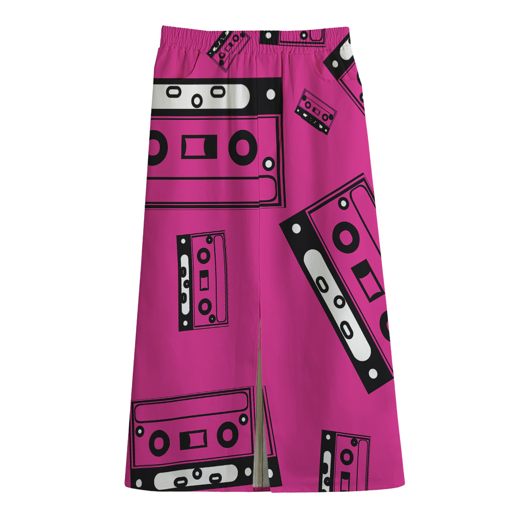 Pink Cassette Tape Pattern Print Cotton Front Slit Maxi Skirt