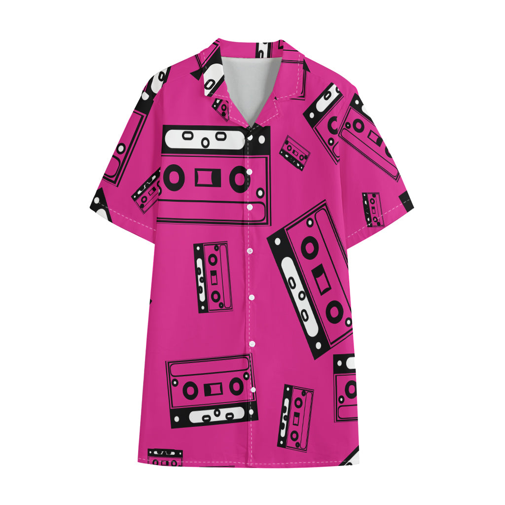 Pink Cassette Tape Pattern Print Cotton Hawaiian Shirt