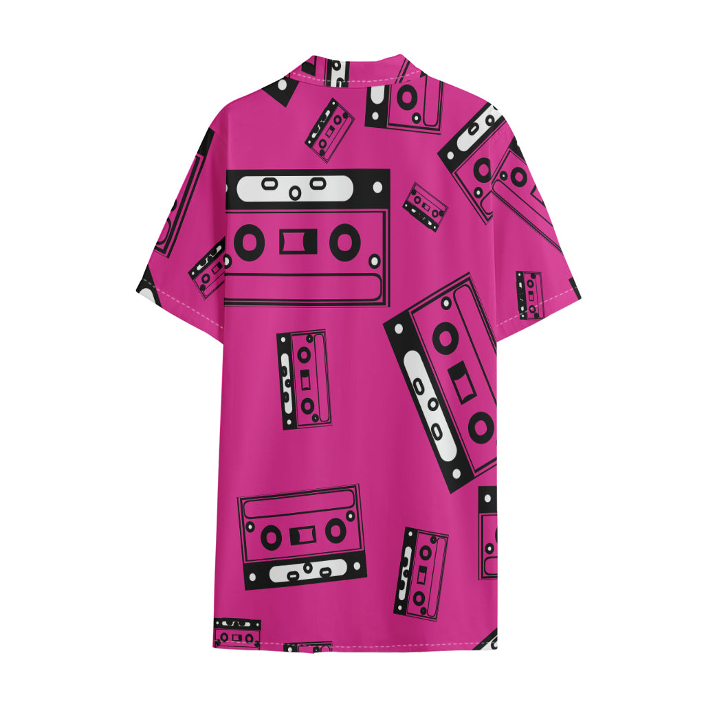 Pink Cassette Tape Pattern Print Cotton Hawaiian Shirt