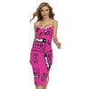 Pink Cassette Tape Pattern Print Cross Back Cami Dress