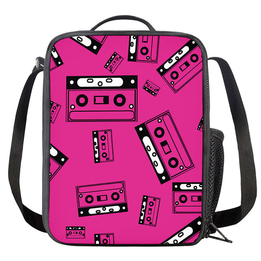 Pink Cassette Tape Pattern Print Crossbody Lunch Bag