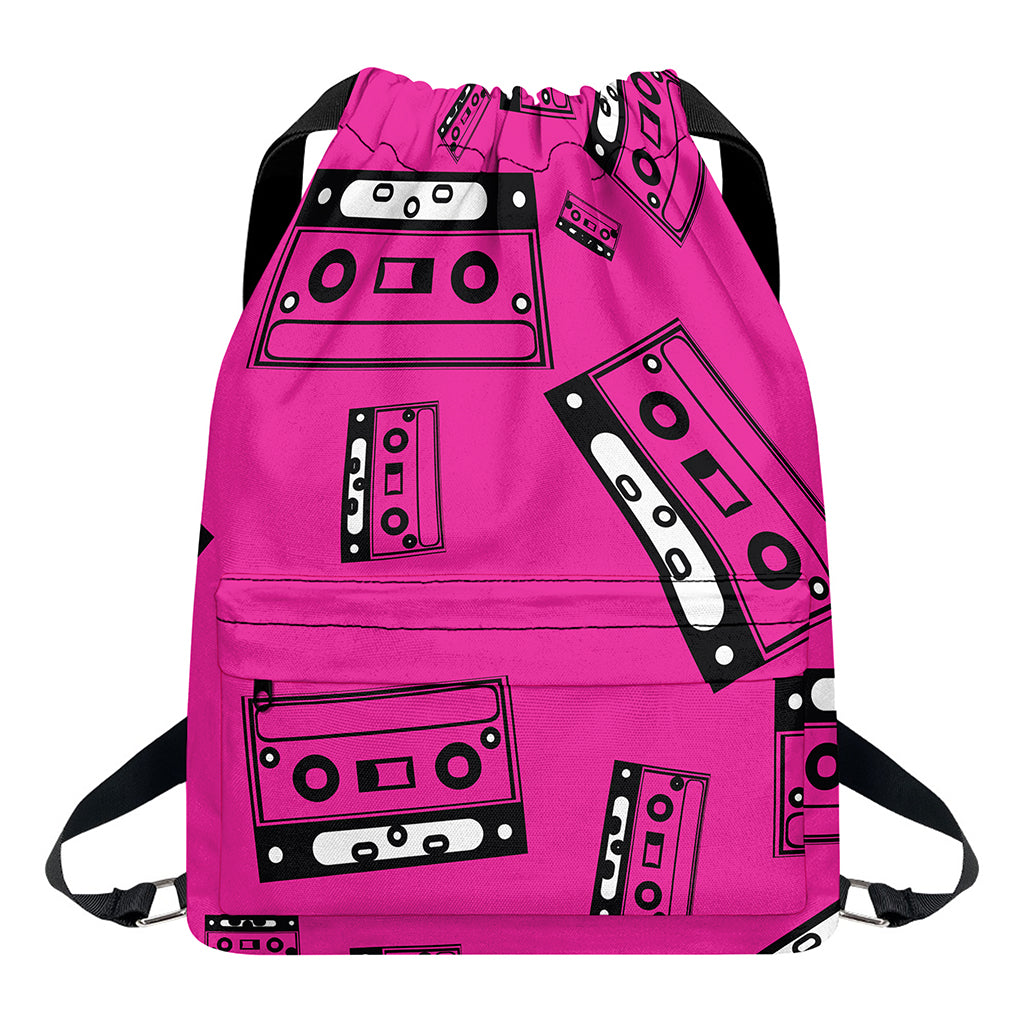 Pink Cassette Tape Pattern Print Drawstring Backpack