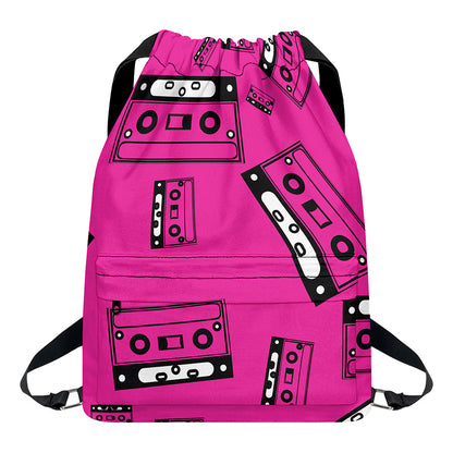 Pink Cassette Tape Pattern Print Drawstring Backpack