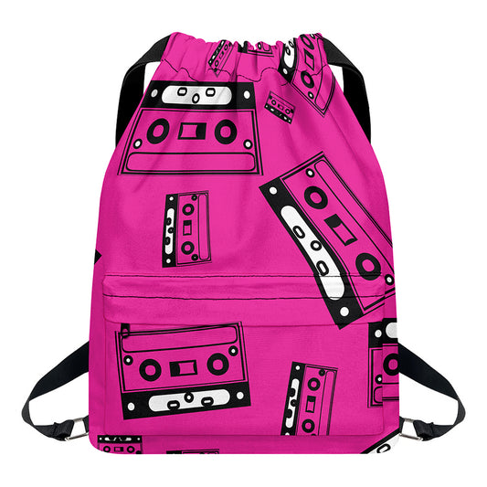 Pink Cassette Tape Pattern Print Drawstring Backpack