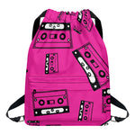 Pink Cassette Tape Pattern Print Drawstring Backpack