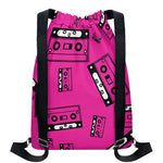 Pink Cassette Tape Pattern Print Drawstring Backpack