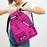 Pink Cassette Tape Pattern Print Drawstring Backpack