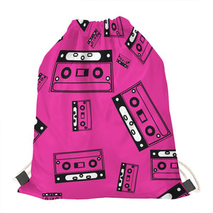 Pink Cassette Tape Pattern Print Drawstring Bag